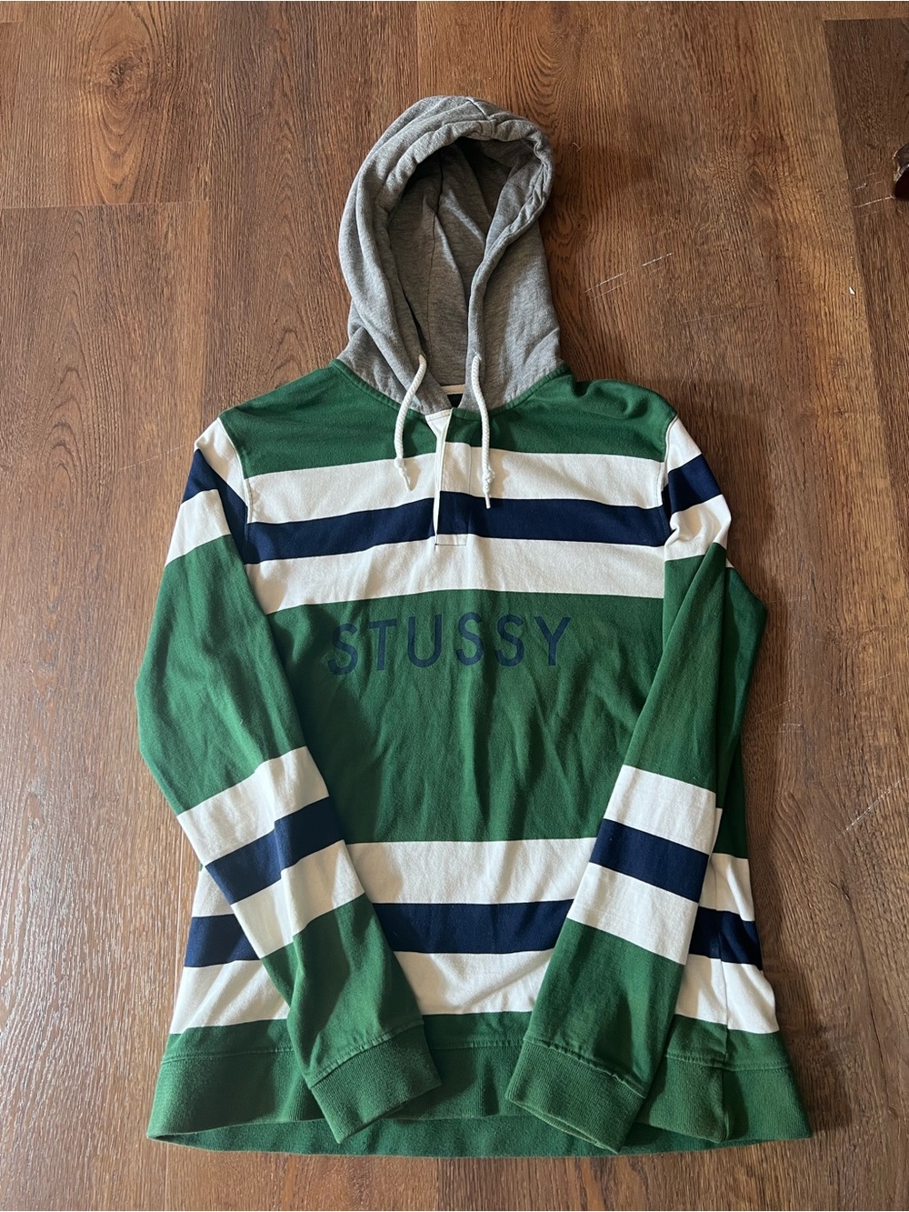 Stussy Green, Navy & Cream Striped Hooded Pullover